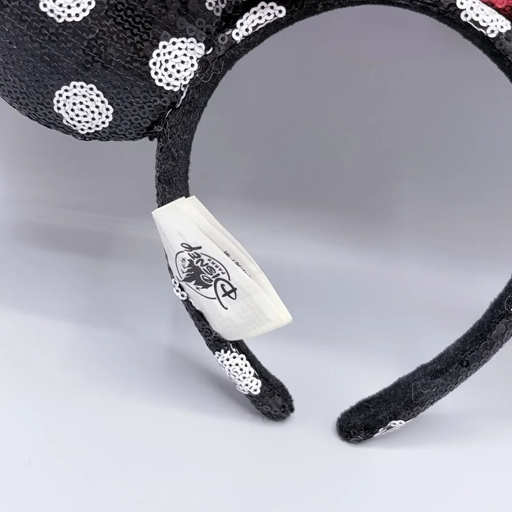 Disney Parks Minnie Mouse Sequined Black White Polka Dot Red Bow Ears Headband